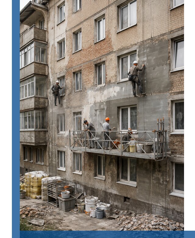 Капитальный ремонт фасада в Энгельсе с восстановлением и гидроизоляцией