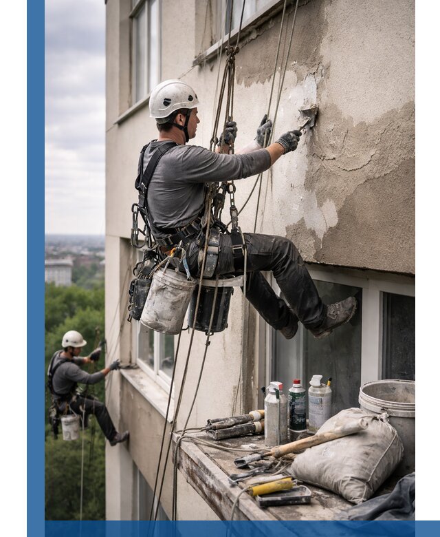 Косметический ремонт фасада зданий в Энгельсе промышленными альпинистами