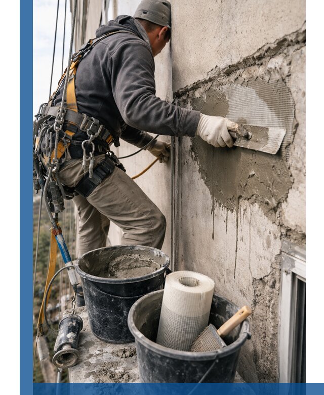 Ремонт бетонных элементов фасада промышленными альпинистами в Энгельсе