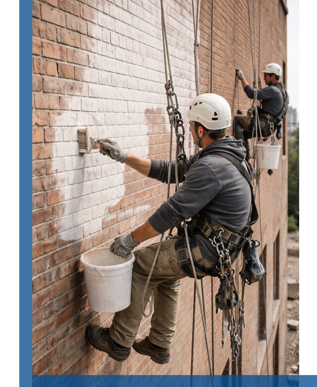 Покраска кирпичного фасада с доступным альпинистским сервисом в Энгельсе