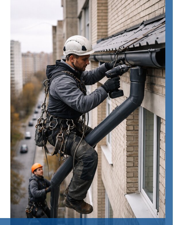 Монтаж водосточной системы на здании в Энгельсе от 5330 р. | ВЫСОТНИК-Энг