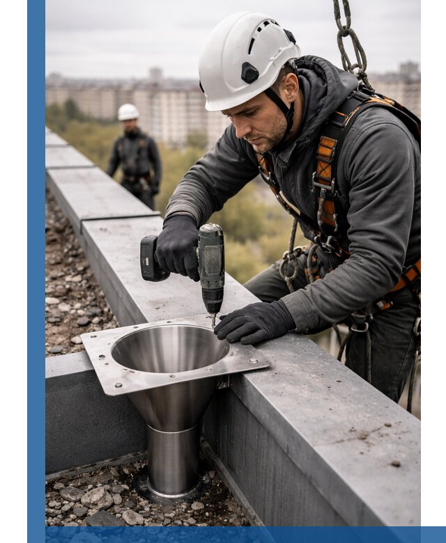 Монтаж водосточных воронок в Энгельсе для промышленных зданий