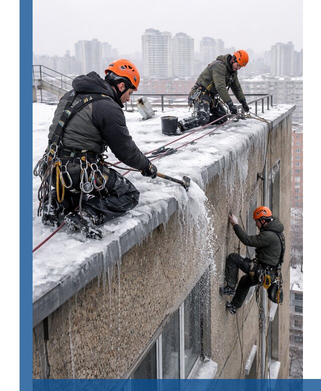 Удаление наледи с кровли в Энгельсе промышленными альпинистами
