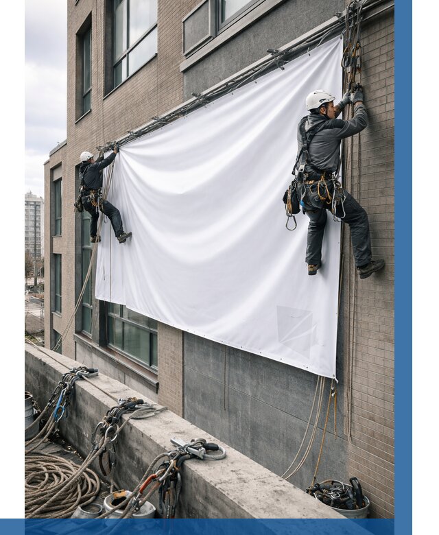 Монтаж баннеров на фасаде в Энгельсе от 693 р. заказать ВЫСОТНИК-Энг