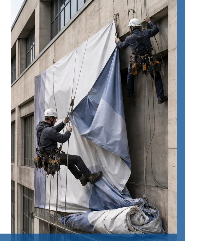 Демонтаж баннеров с фасада в Энгельсе от 4797 р. | ВЫСОТНИК-Энг