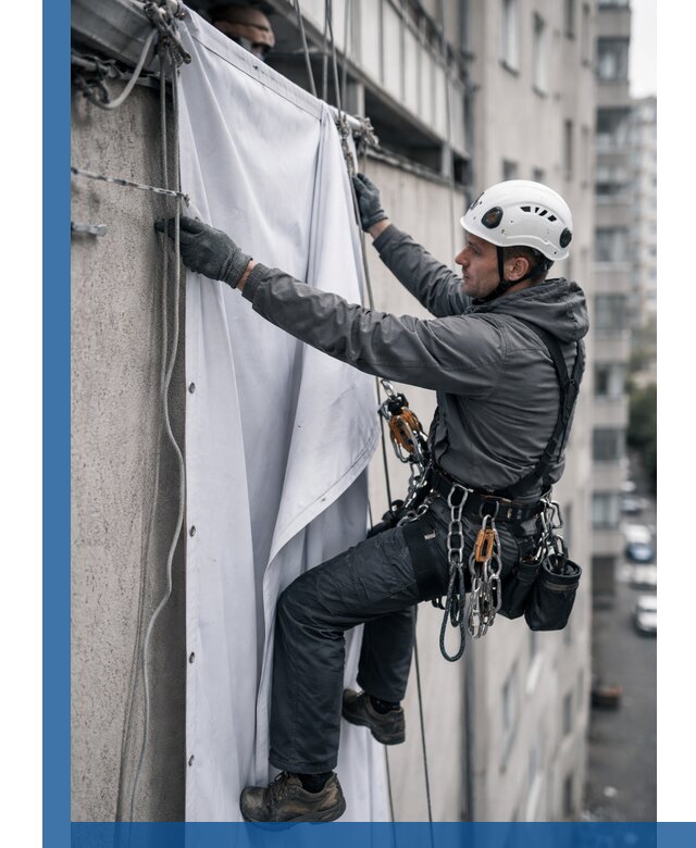Замена баннерного полотна промышленными альпинистами в Энгельсе