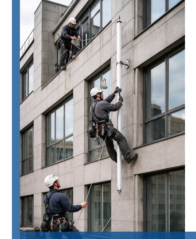 Монтаж флагштока на фасаде здания с креплением и герметикой в Энгельсе