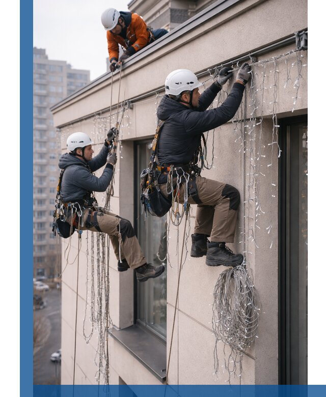 Монтаж праздничных гирлянд на фасаде в Энгельсе для зданий