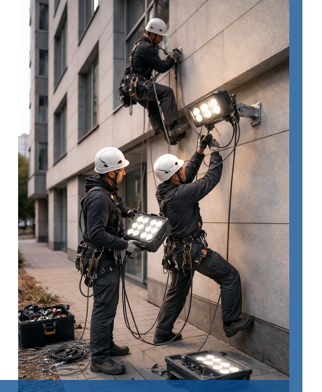 Монтаж прожекторов на фасаде в Энгельсе от 7994 р. | ВЫСОТНИК-Энг
