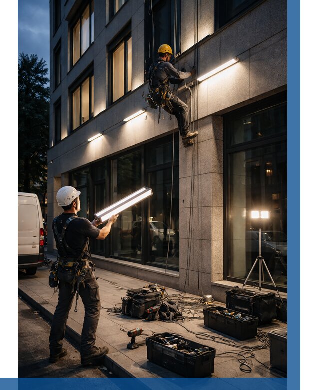 Монтаж архитектурной подсветки здания в Энгельсе от 2665 р.|ВЫСОТНИК-Энг