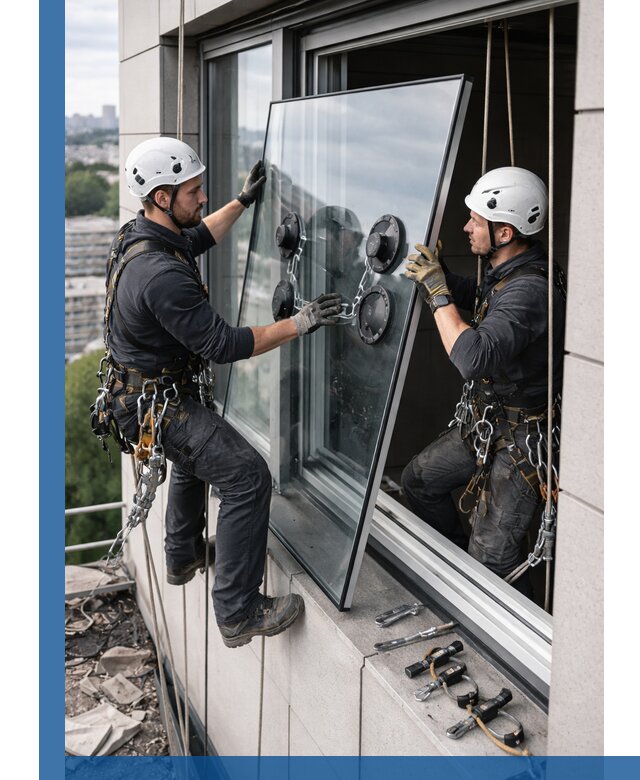 Замена стеклопакетов на высоте с промышленными альпинистами в Энгельсе