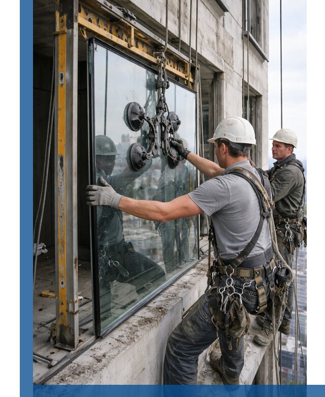 Монтаж стеклопакетов на высоте в Энгельсе с промышленным альпинизмом