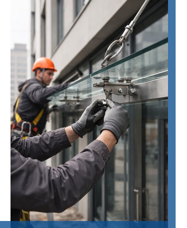 Монтаж стеклянных козырьков в Энгельсе от 9060 р. | ВЫСОТНИК-Энг