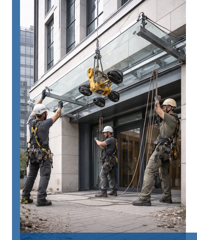 Монтаж стеклянных козырьков под ключ в Энгельсе для зданий