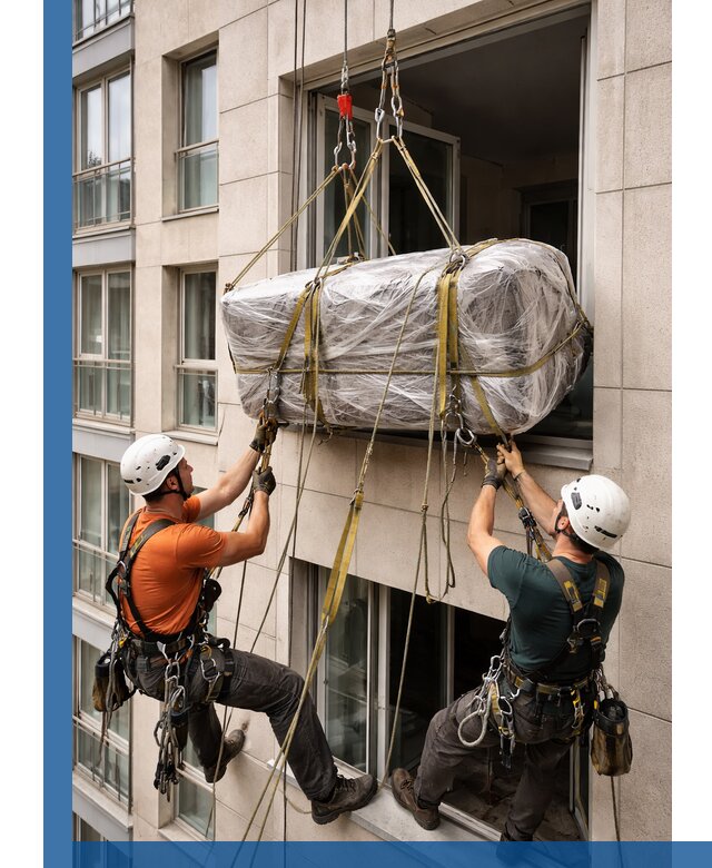 Подъем грузов через окно в Энгельсе промышленными альпинистами