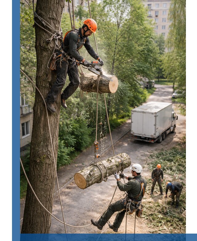 Спил деревьев альпинистами в Энгельсе, безопасно и без повреждений