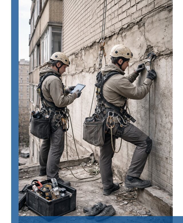 Обследование фасада промышленными альпинистами в Энгельсе